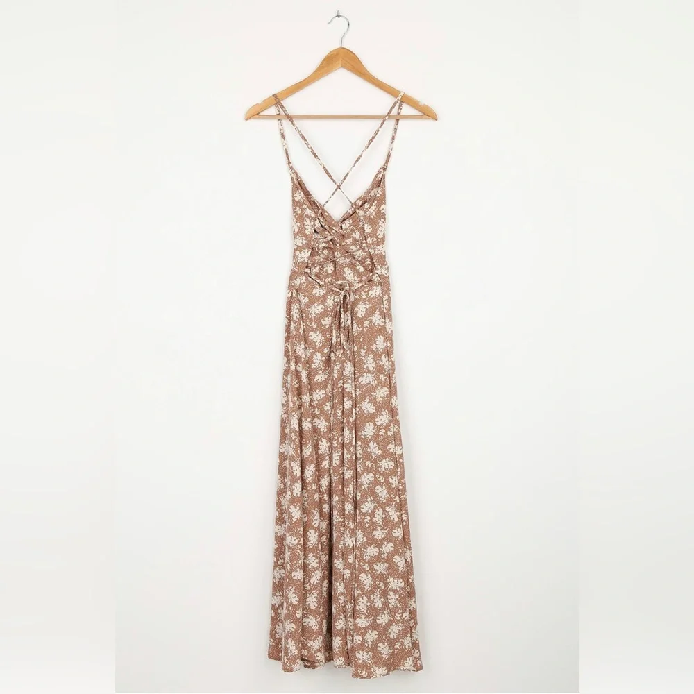 Lulus Picturesque Moments Brown Floral Print Strappy Maxi Dress - NWT SIZE S - Picture 2 of 4